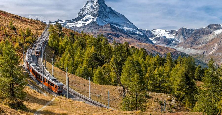 The Gornergrat cogwheel train below the Matterhorn above Zermatt